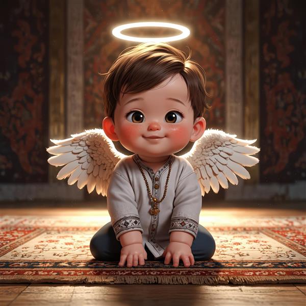 تصویر باکیفیت فرشته‌کوچولوی پسر روی فرش ایرانی برای پوستر و تابلو اتاق کودک و دکوراسیون مهدکودک