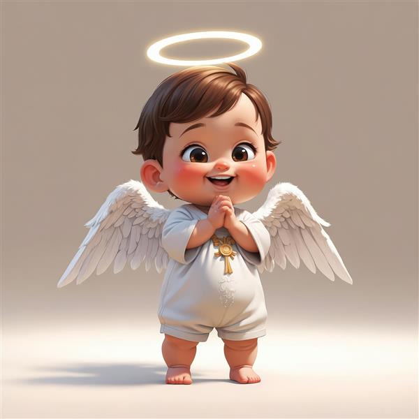 تصویر گرافیکی کودک فرشته خندان با بال‌های بزرگ، هاله‌ی نورانی و صلیب طلایی روی لباس سفید