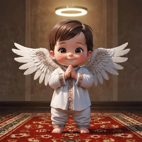 طرح دکوراتیو کودک فرشته با لباس سفید سنتی و بال‌های زیبا ایستاده روی فرش
