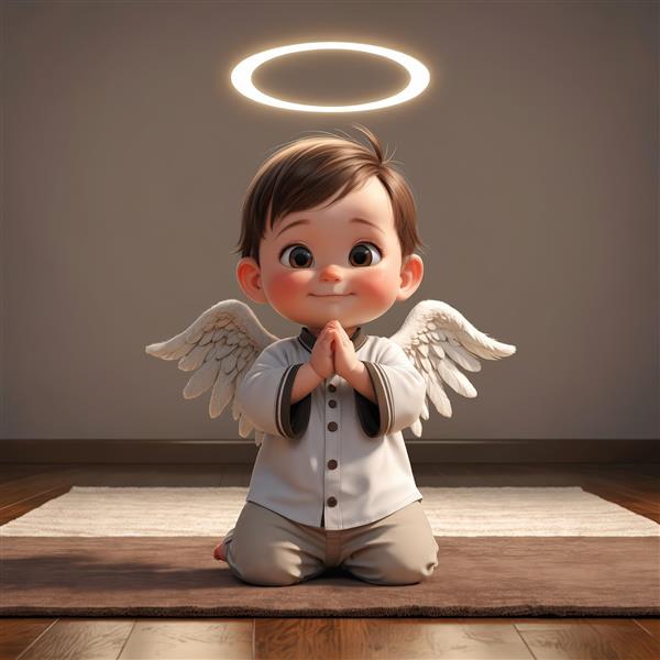 کاراکتر کودک فرشته با لباس دکمه‌دار در حال دعا کردن روی زانو با پس زمینه ساده