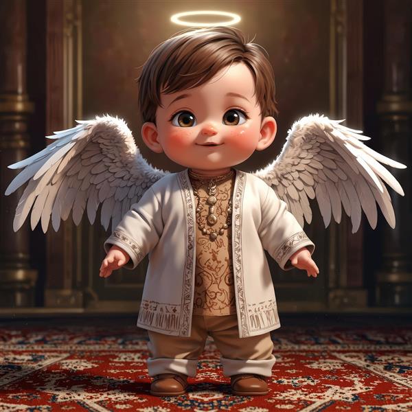 عکس کودک فرشته با لباس سنتی، بال‌های بزرگ سفید و هاله‌ی نورانی روی فرش ایرانی