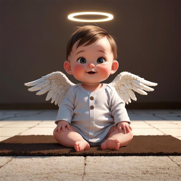 تصویر سه بعدی کودک فرشته خندان با بال‌های سفید و هاله‌ی نورانی نشسته روی زمین