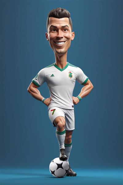 کاریکاتور جذاب رونالدو با لباس سفید و توپ زیر پا در ژست ایستاده و خندان