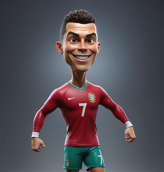 کاریکاتور نزدیک از رونالدو با پیراهن قرمز و سبز با ژست قدرتمند و لبخند شاد