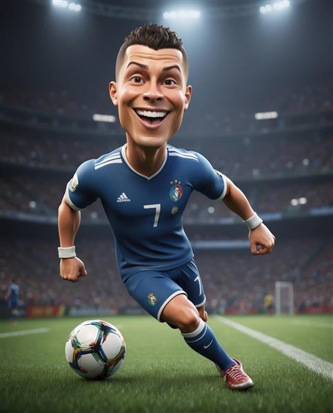 تصویر کارتونی رونالدو با لباس آبی تیره و توپ در حال دریبل زدن در استادیوم
