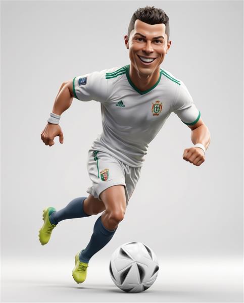 تصویر گرافیکی رونالدو در حال دویدن با لباس سفید و سبز و توپ برای چاپ تابلوی ورزشی