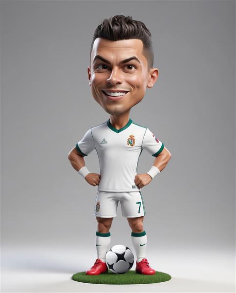 کاراکتر مینیاتوری رونالدو با لباس سفید و قرمز و توپ روی سکوی چمن برای کلکسیون