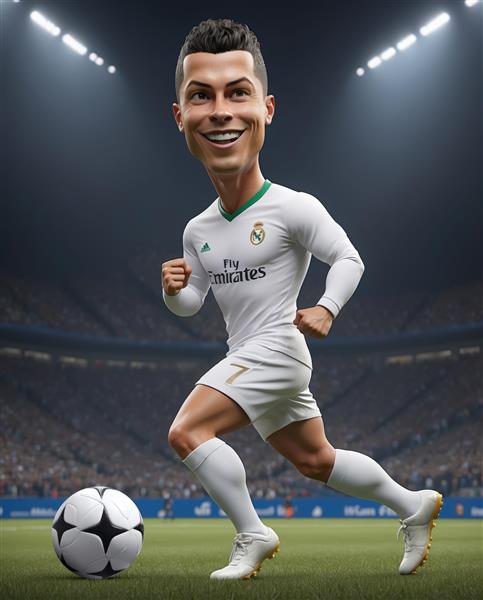 کاریکاتور رونالدو در حال دویدن با لباس سفید و توپ در استادیوم پرنور