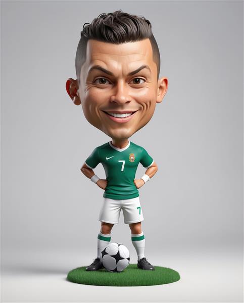 یگور کاریکاتوری رونالدو با لباس سبز و سفید و توپ کوچک