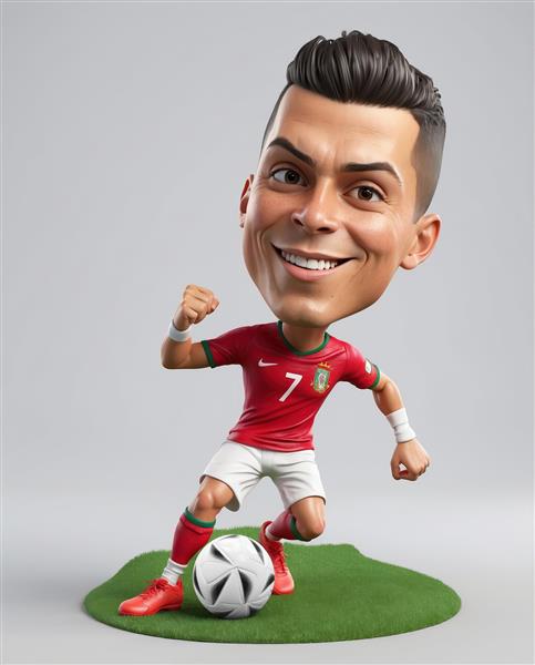 کاراکتر رونالدو در حال شوت زدن با لباس قرمز و سفید و توپ روی سکوی چمن