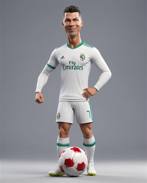 مدل سه بعدی رونالدو با لباس سفید و آرم هواپیمایی، ایستاده با توپ قرمز در پس زمینه ساده