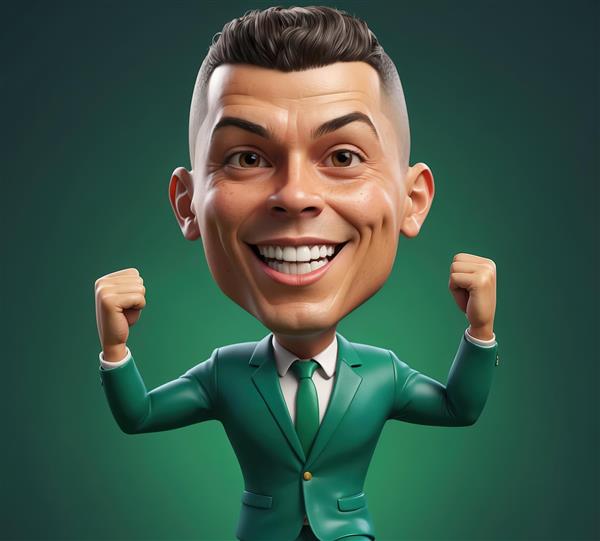 کاریکاتور نزدیک از رونالدو با کت و شلوار و کراوات سبز، مناسب برای طرح‌های تجاری