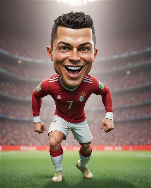 کاراکتر کارتونی رونالدو با لبخند و لباس قرمز در استادیوم فوتبال برای پوستر ورزشی