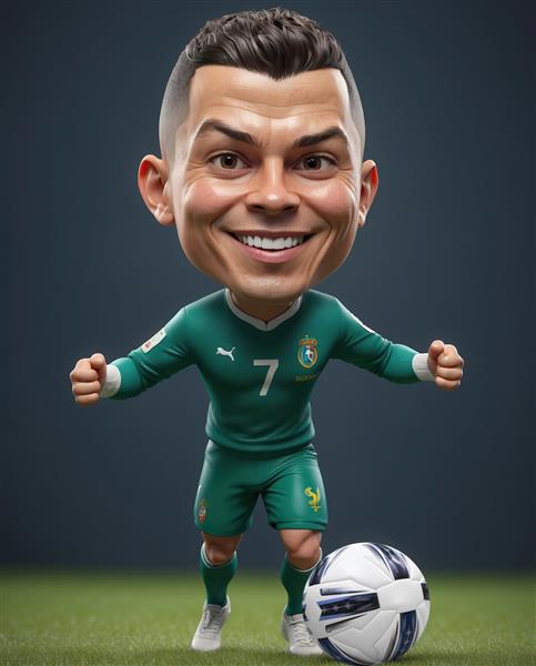 تصویر سه بعدی رونالدو با توپ و لباس آستین بلند سبز تیره
