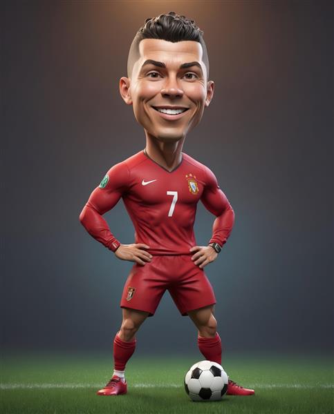 پوستر ورزشی کاراکتر کریستیانو رونالدو با لباس قرمز و توپ روی زمین چمن