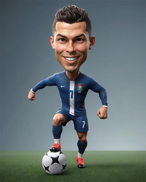 تصویر دکوراتیو کاریکاتور کریستیانو رونالدو در حال دریبل زدن با لباس آبی تیره و توپ فوتبال
