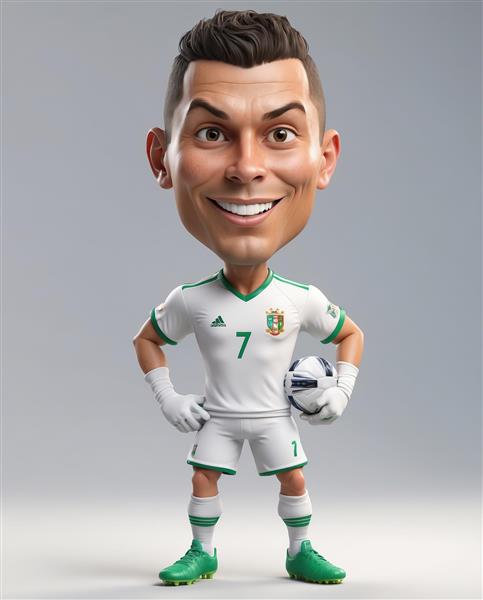 گرافیک استوک کریستیانو رونالدو با لباس سفید و توپ در دست برای چاپ عریض و تابلو