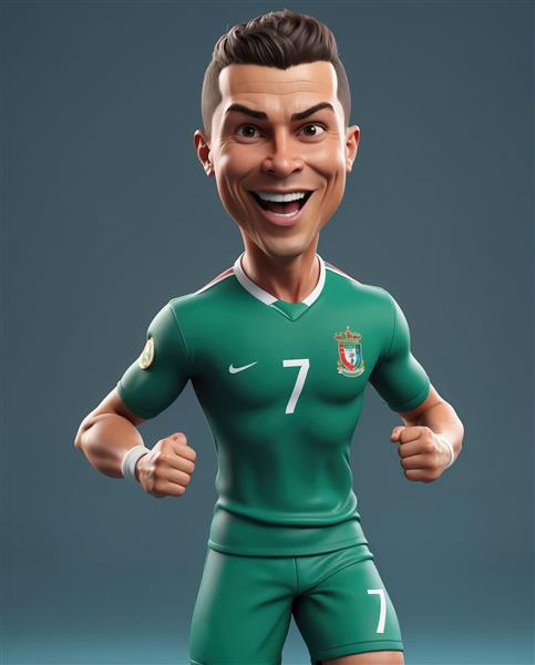 کاریکاتور کریستیانو رونالدو با پیراهن سبز تیره در ژست قدرتمند