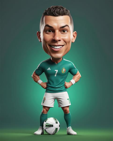 کاریکاتور رونالدو با کیت سبز تیره و شورت سفید با توپ در حال ایستادن و فیگور قهرمانی