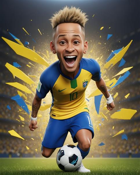 کاریکاتور نیمار در حال دریبل و شادی با کیت برزیل در استادیوم با پس‌زمینه انفجاری زرد و آبی