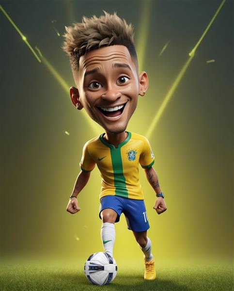 کاریکاتور نیمار در حال دریبل زدن با کیت برزیل و پس‌زمینه زرد نورانی و پرتوهای نور لیزری روی چمن