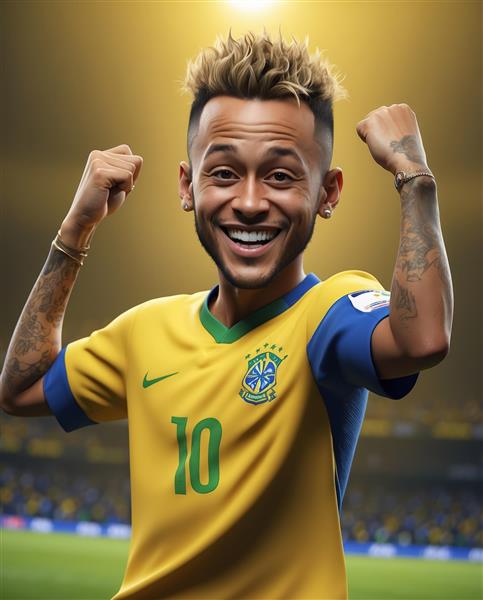 کاریکاتور نیمار در حال شادی و نشان دادن بازوهای قدرتمند با کیت برزیل در استادیوم با نور طلایی