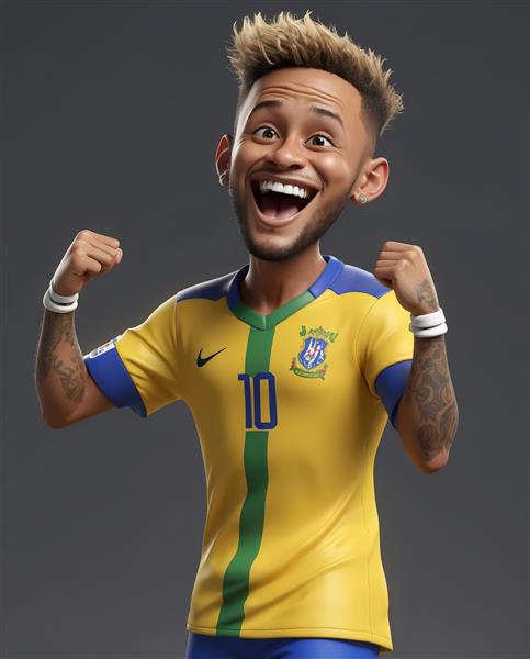 کاریکاتور نیمار در حال شادی و فریاد پیروزی با کیت برزیل در پس‌زمینه استودیویی و خاکستری تیره