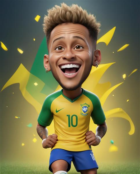 کاریکاتور نیمار در حال شادی با دست‌های جمع شده و کیت برزیل با پس‌زمینه پرچم و جلوه نورانی زرد
