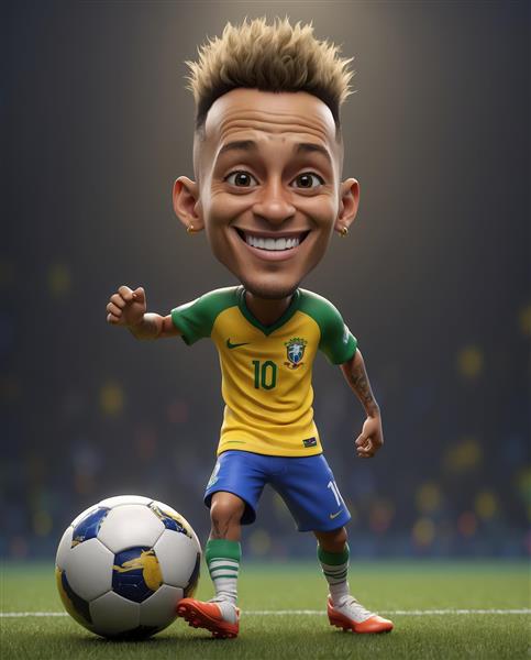 کاریکاتور نیمار در حال کنترل توپ بزرگ با کیت برزیل در محیط استادیوم با نورپردازی تیره