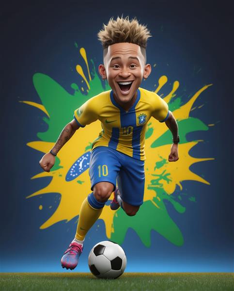 کاریکاتور نیمار در حال دویدن و دریبل زدن با کیت برزیل روی چمن و پس‌زمینه نقاشی آبرنگی پرچم برزیل