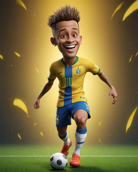 کاریکاتور نیمار در حال دریبل زدن با کیت راه‌راه برزیل و پس‌زمینه طلایی نورانی و نوارهای معلق زرد