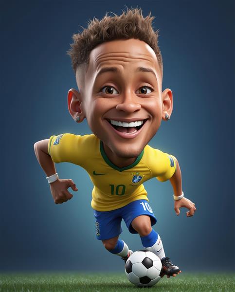 کاریکاتور نیمار در حال دریبل زدن و لبخند زدن با کیت برزیل روی چمن و پس‌زمینه آبی تیره استودیویی