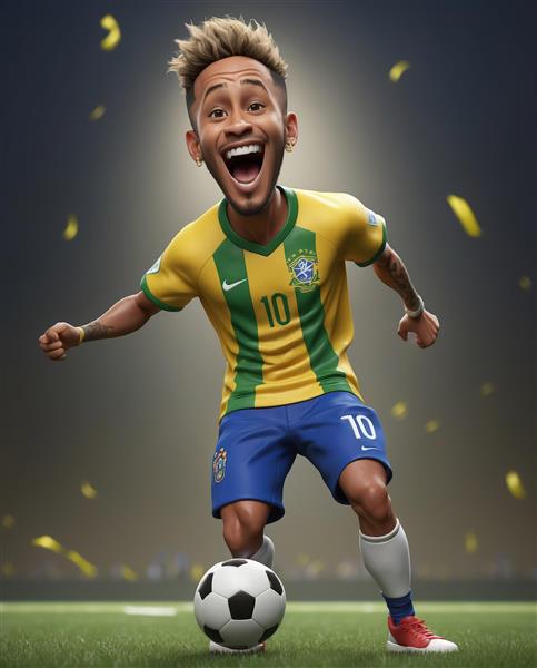 کاریکاتور نیمار در حال دریبل زدن و شادی با کیت برزیل در استادیوم با نورافکن و نوارهای زرد