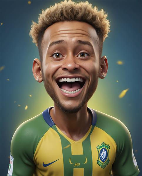 کاریکاتور نیمار در حال شادی با کیت زرد و سبز برزیل و افکت‌های طلایی در پس‌زمینه آبی