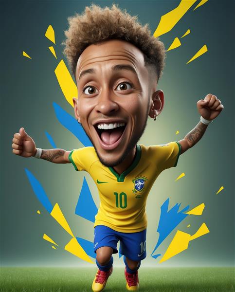 کاریکاتور نیمار در حال شادی و دویدن با پس‌زمینه انتزاعی زرد و آبی با خطوط سریع