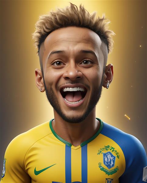 کاریکاتور نیمار با ریش و کیت برزیل در حال شادی با پس‌زمینه طلایی نورانی