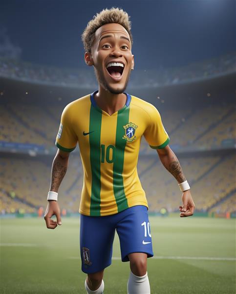 کاریکاتور نیمار با لباس راه‌راه زرد و سبز برزیل در حال شادی و دویدن در استادیوم فوتبال
