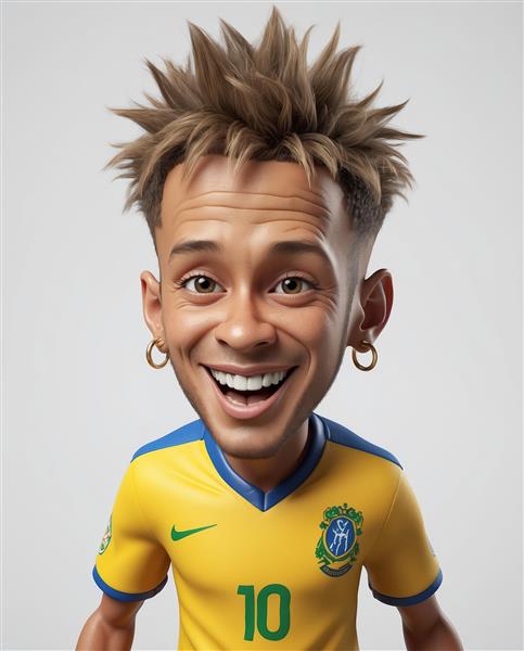 کاریکاتور نیمار با موهای خاردار، گوشواره حلقه ای و کیت برزیل در پس‌زمینه سفید روشن