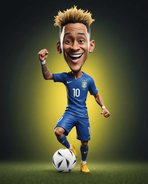 کاریکاتور نیمار با کیت دوم (آبی) برزیل در حال کنترل توپ با پس‌زمینه تیره و هاله نور زرد استودیویی