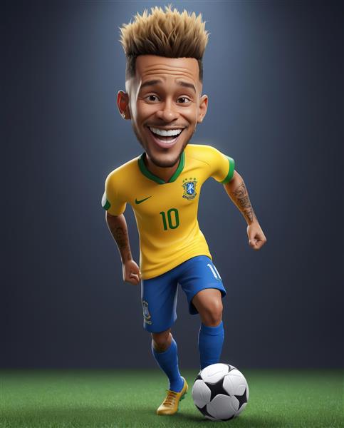 کاریکاتور نیمار در حال دریبل زدن و دویدن روی چمن با کیت زرد برزیل و پس‌زمینه تیره