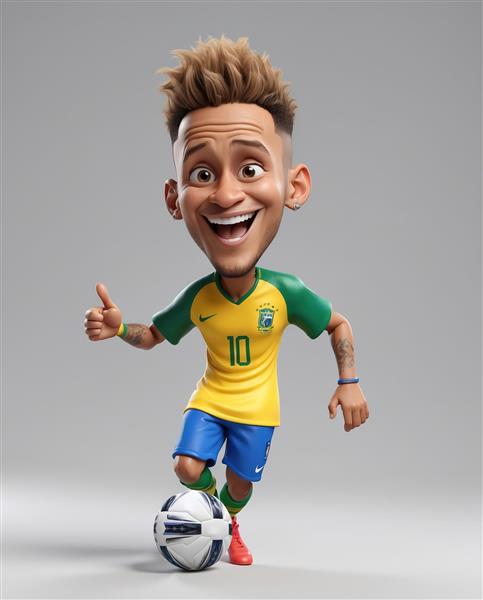 کاریکاتور نیمار با کیت برزیل در حال دریبل زدن و نشان دادن شست رو به بالا