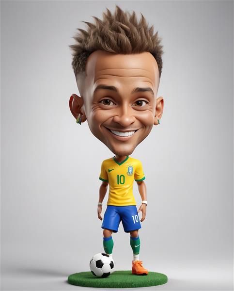 کاریکاتور نیمار جونیور با موهای خاردار و کیت زرد برزیل در حال لبخند زدن و ایستاده روی پلتفرم چمن