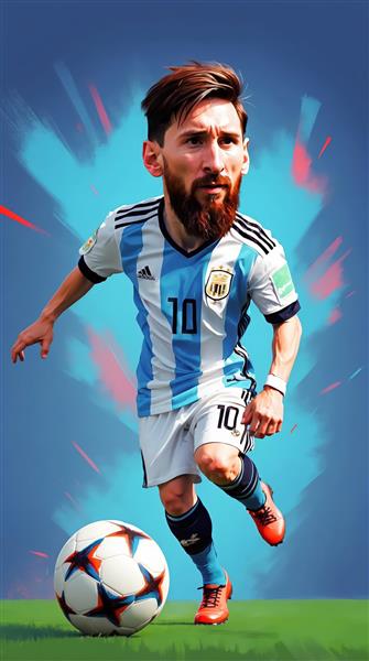 کاریکاتور مسی با ریش و کیت آرژانتین در حال دریبل زدن با پس‌زمینه آبی تیره و افکت‌های خطی آبی روشن و قرمز