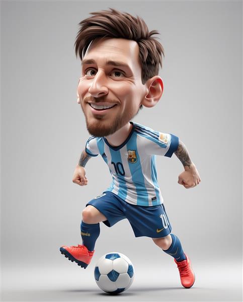 کاریکاتور مسی در حال دریبل زدن با کیت آرژانتین و کفش‌های قرمز در یک فضای استودیویی