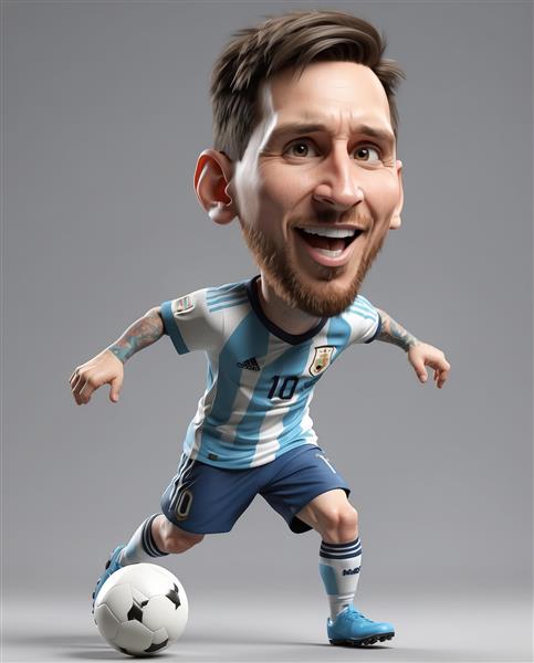 کاریکاتور مسی در حال دریبل زدن با توپ سفید و کیت آرژانتین در یک شات استودیویی