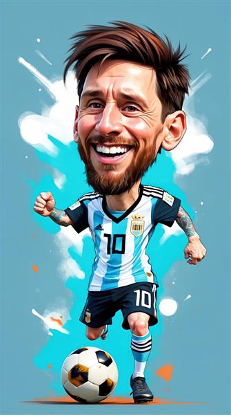تصویر کاریکاتور مسی در حال دریبل زدن با لبخند با کیت آرژانتین و افکت هنری آبی روشن روی پس‌زمینه آسمانی