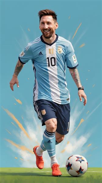 تصویر مسی با لبخند و لباس آرژانتین در حال کنترل توپ با پس‌زمینه آسمانی آبی روشن و افکت انفجار نارنجی