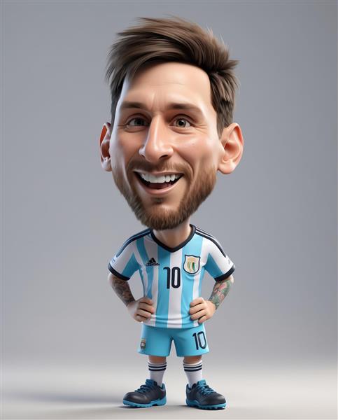 کاریکاتور مسی تمام قد با لبخند، دست روی کمر، و کیت آرژانتین در فضای استودیویی