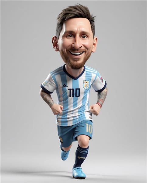 کاریکاتور مسی با لبخند و دستان جمع شده در حال دویدن با کیت آرژانتین در پس‌زمینه استودیویی و خاکستری