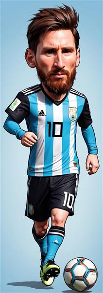 کاریکاتور تمام قد مسی با ریش در حال کنترل توپ با کیت آستین بلند آرژانتین و پس‌زمینه آبی روشن